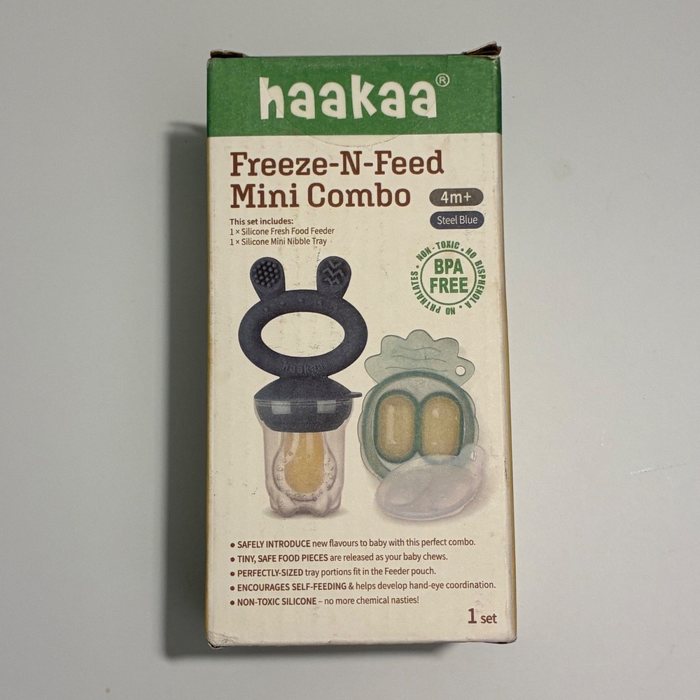 Haakaa Freeze-N-Feed Mini Combo Baby Fruit Feeder & Nibble Tray Steel Blue 4m+